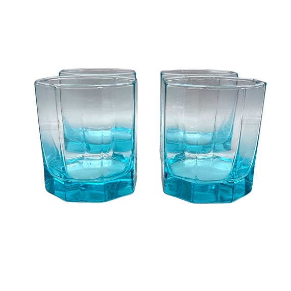 4 vintage octagonal whisky GLASSES, turquoise France