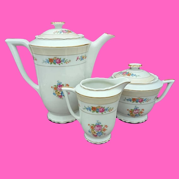 Porcelain COFFEE set, coffee pot, sugar bowl, creamer with vintage multi-colored flower pattern, Legrand Limoges France