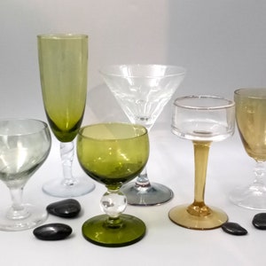 6 mismatched vintage green GLASSES, champagne glass flute