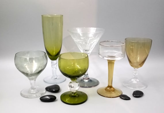 6 mismatched vintage green GLASSES, champagne glass flute