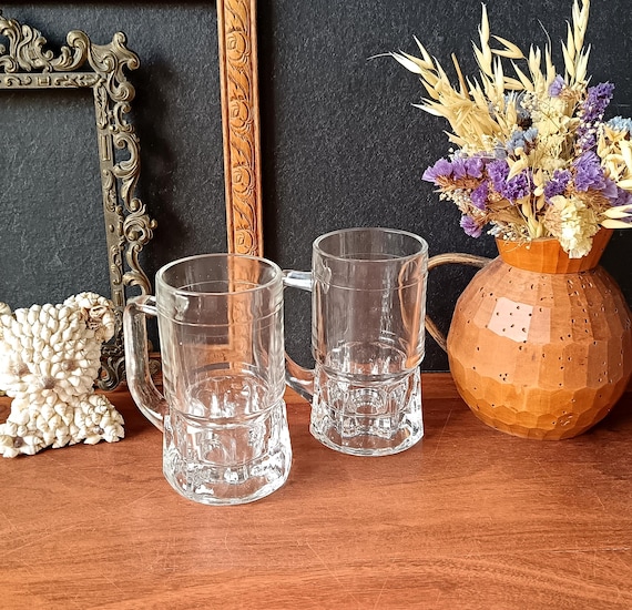 Set of 2 vintage glass beer mugs, 3 different designs