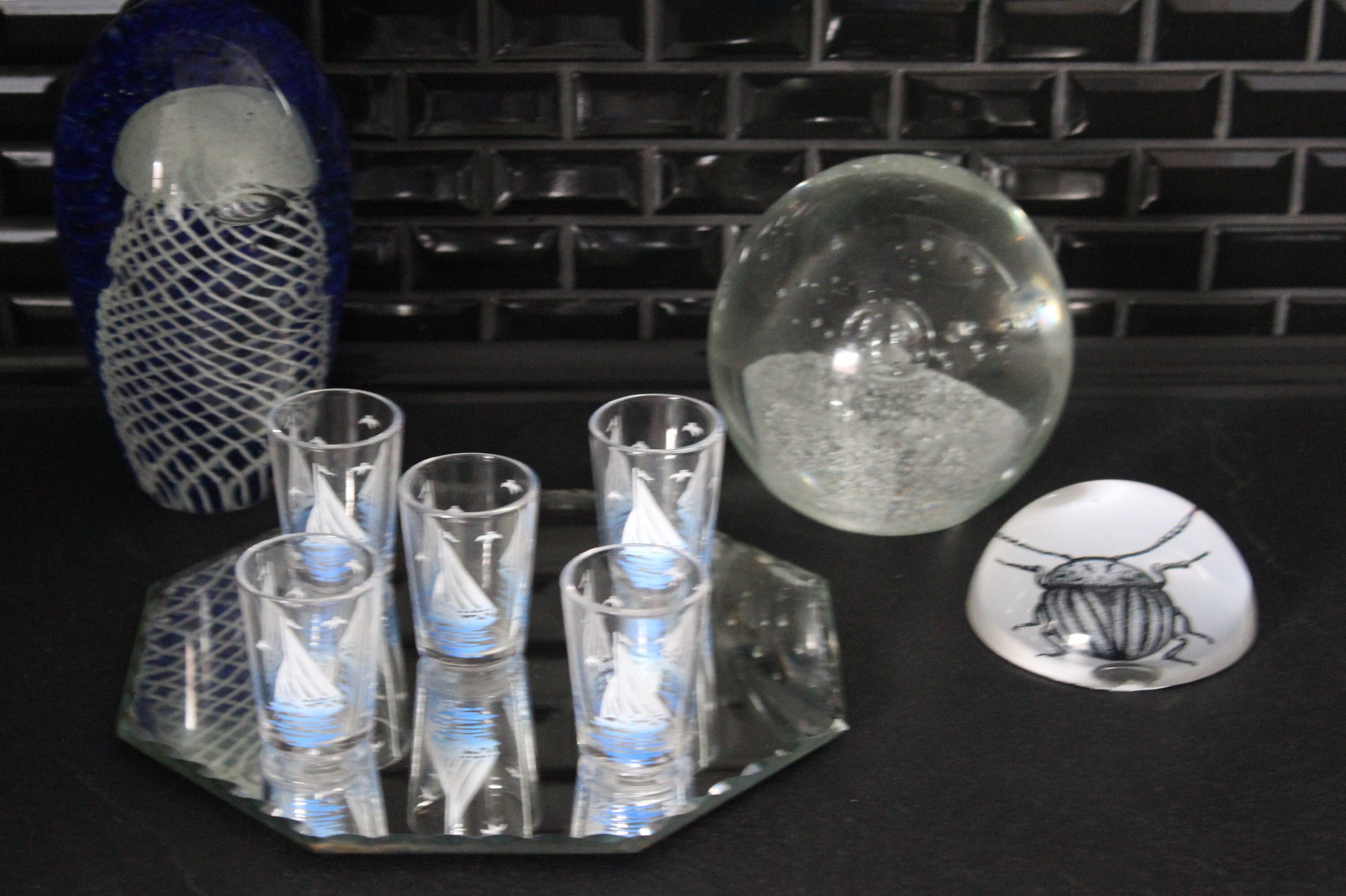 5 Petits Verres Motifs Bateaux Voiliers Sérigraphiés Vintage 1950/1960