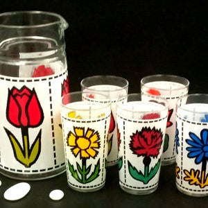 Vintage lemonade SERVICE, PITCHER and 5 GLASSES Luminarc flower patterns