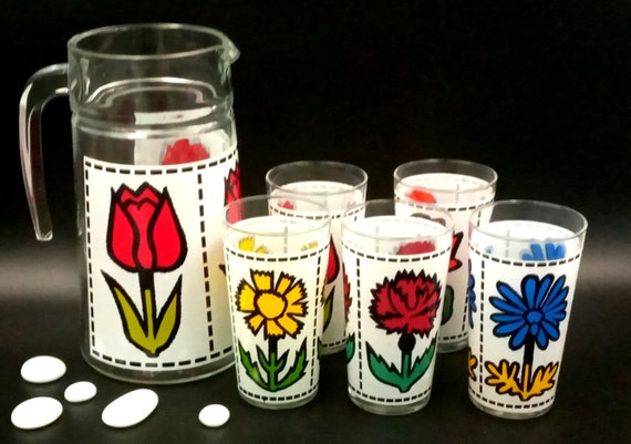 Vintage lemonade SERVICE, PITCHER and 5 GLASSES Luminarc flower patterns
