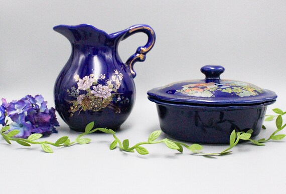 Magnificent SUGAR BOWL and MILK POT, cobalt blue porcelain, gold edging and peacock and flower relief decoration, Vintage