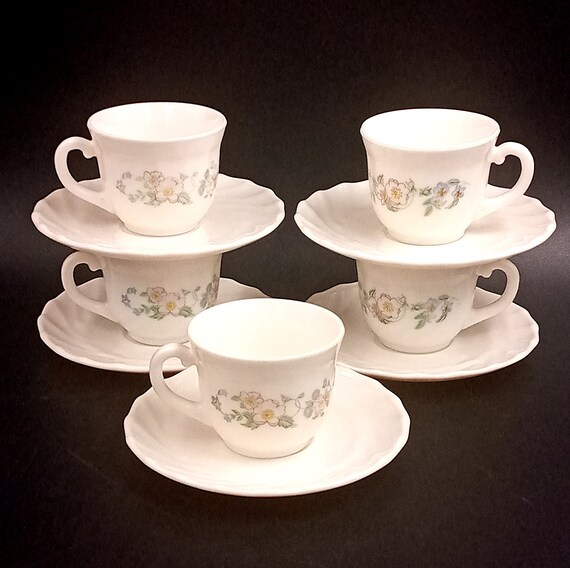 5 ARCOPAL 1980s retro vintage milk glass cups and saucers, creamy white opaline