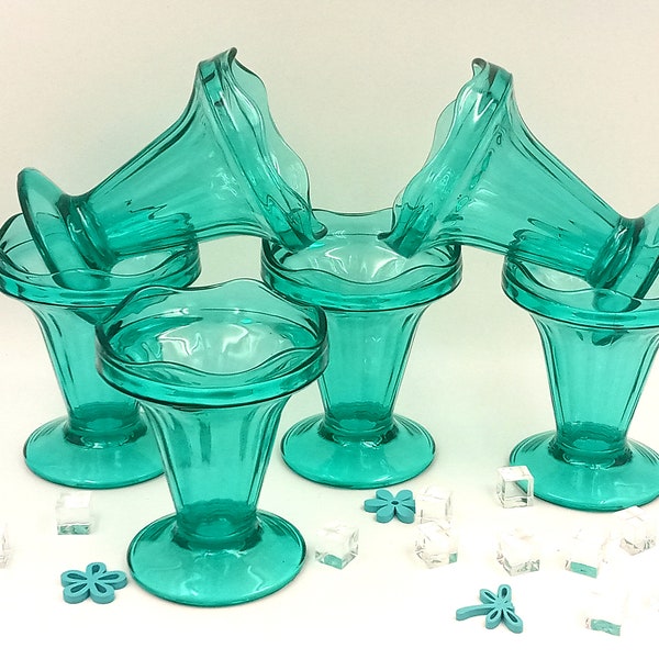 6 COUPES à glace en verre turquoise, salade de fruits, coupes à dessert vintage