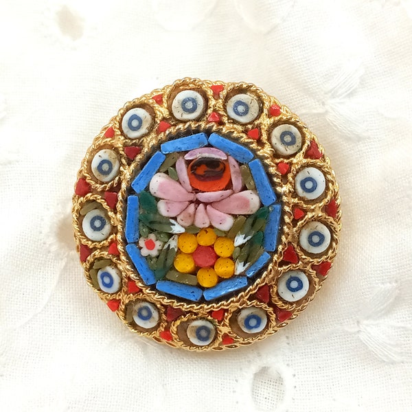 BROCHE vintage micro-mosaïque Italie  métal doré