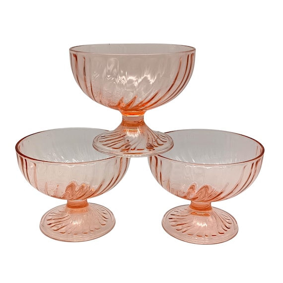 3 VINTAGE PINK GLASS STEMMING CUPS, ROSALINE