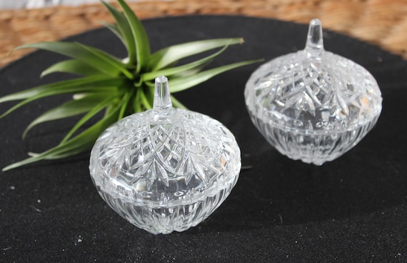 Set of two small crystal jewelry boxes with lids, vintage salt shaker