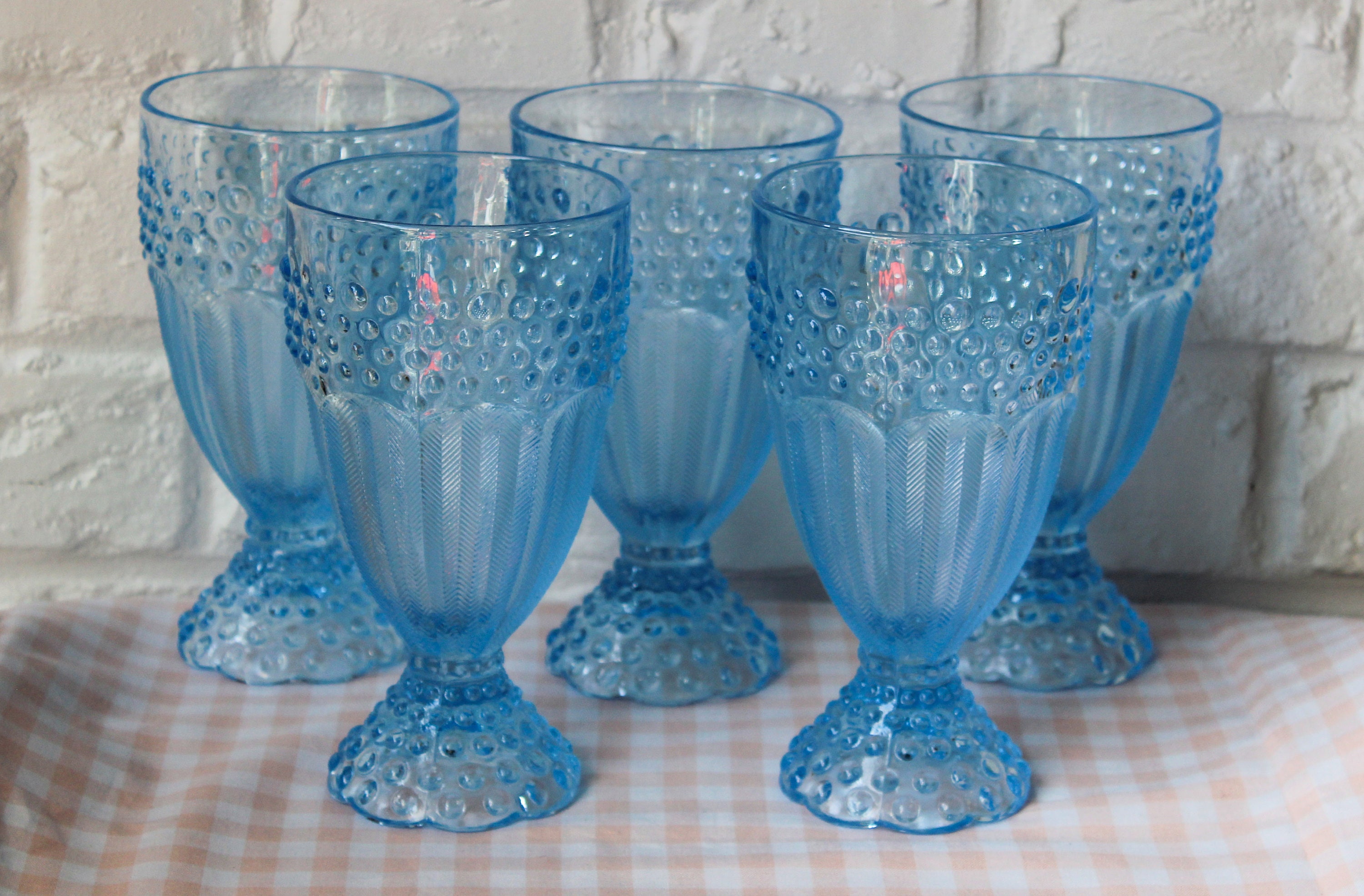 5 Coupes à Glace Bleu Vintage Verre Pressé Texturé