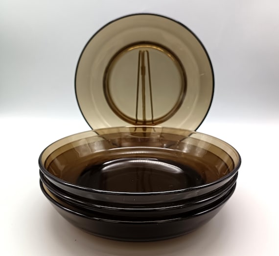 4 vintage smoked glass soup plates from Véréco France