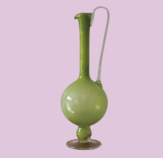 Superb anise green STAND CARAFE in blown glass, large colored empoli ewer