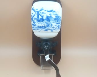 Ceramic wall mounted coffee grinder, Windmill Wall Mount Coffee Grinder, Delft Blue Ceramic, French