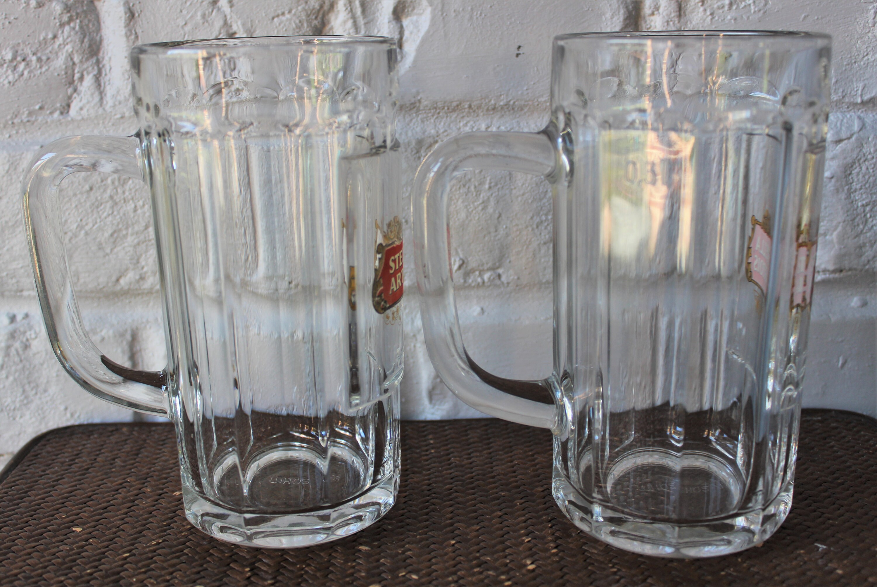 pair vintage beer glasses with handles, heavy glass structured 50 cl