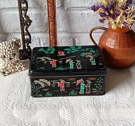 Small metal box, Asian-inspired vintage design