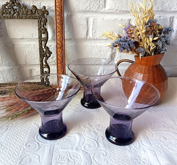Vintage bubbled purple glass stemmed bowls