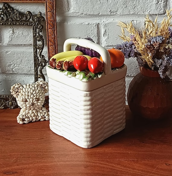 Vintage ceramic pot, fruit decoration, Portugal