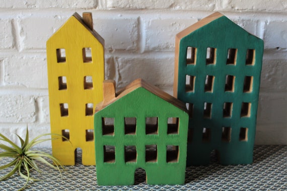 Set of 3 HOUSES in exotic wood colored on one side, Scandinavian style