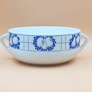 Vintage Sarreguemines vegetable dish, blue and white fruit decor