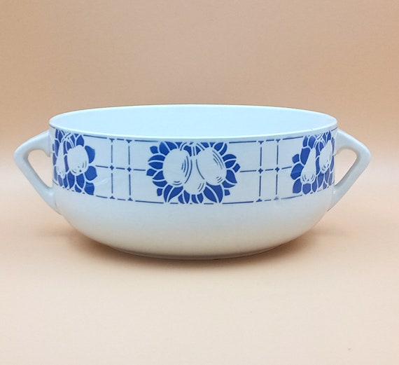 Vintage Sarreguemines vegetable dish, blue and white fruit decor