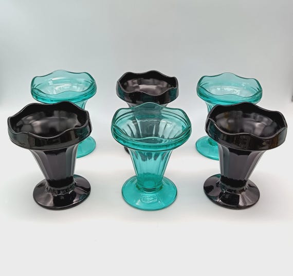 6 Luminarc ice cream cups, black opaline turquoise glass, France vintage