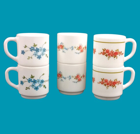 6 Arcopal espresso cups with blue and pink floral design, vintage France