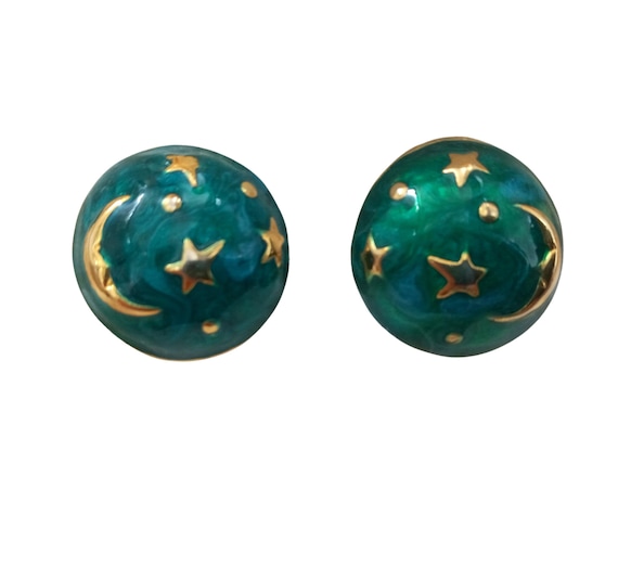 EAR CLIPS round clip in gold metal, duck blue enamel with moon and star motif