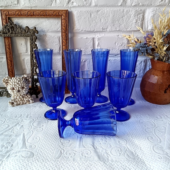 8 vintage cobalt blue colored glass aperitif glasses from Portugal