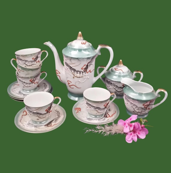 Vintage Japanese fine porcelain coffee service with bird design, made in Japan in the 1950s