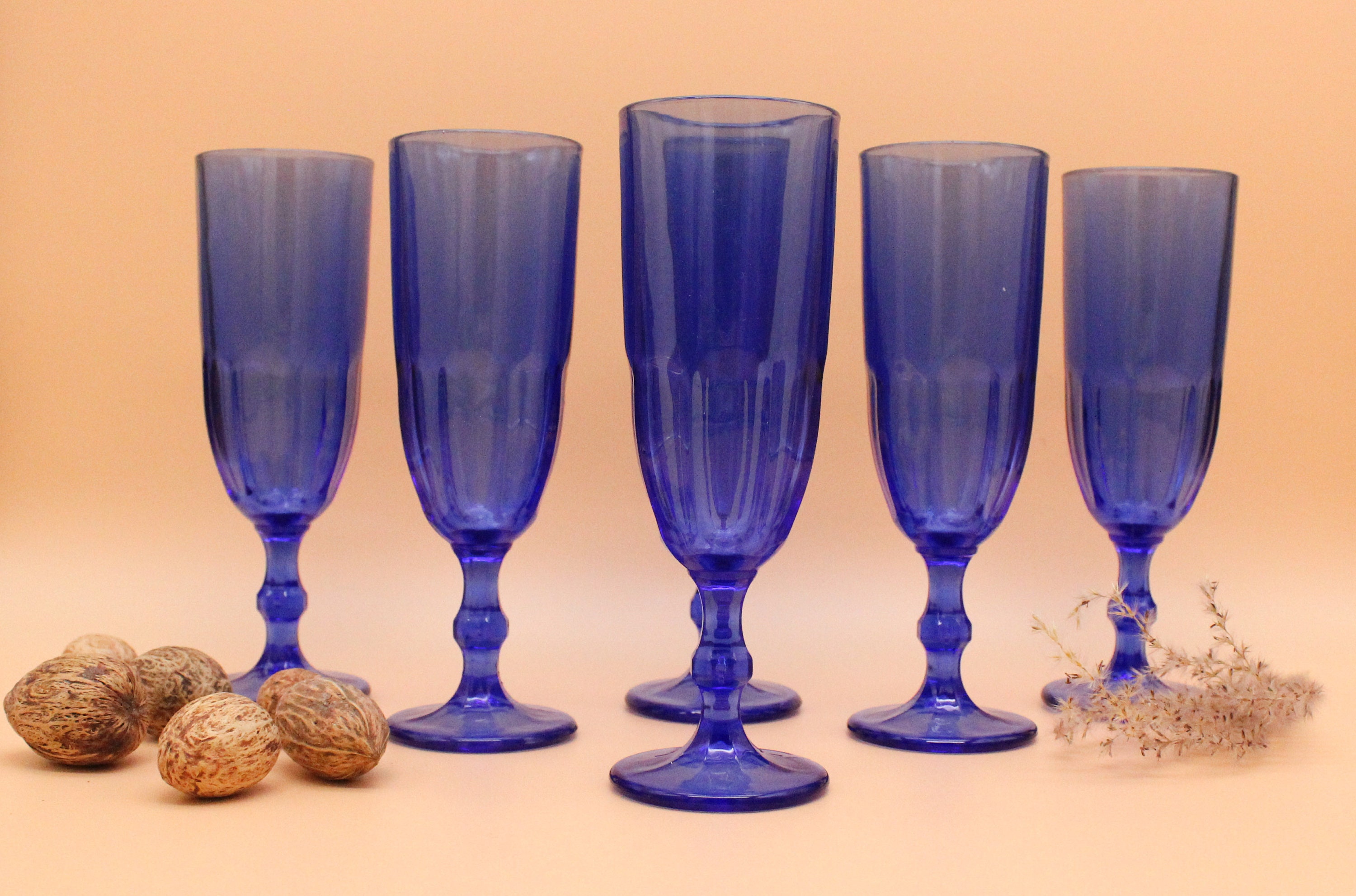 6 Superbes Flûtes à Pied Verre Bleu Cobalt Vintage