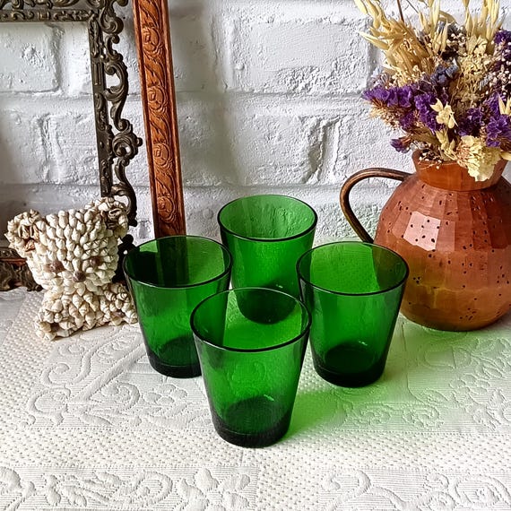 4 GLASSES 15 cl Retro emerald green tempered glass France