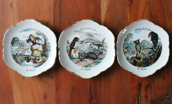 Trio of porcelain PLATES pattern fables by La Fontaine vintage Korea