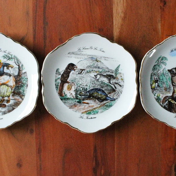 Trio of porcelain PLATES pattern fables by La Fontaine vintage Korea