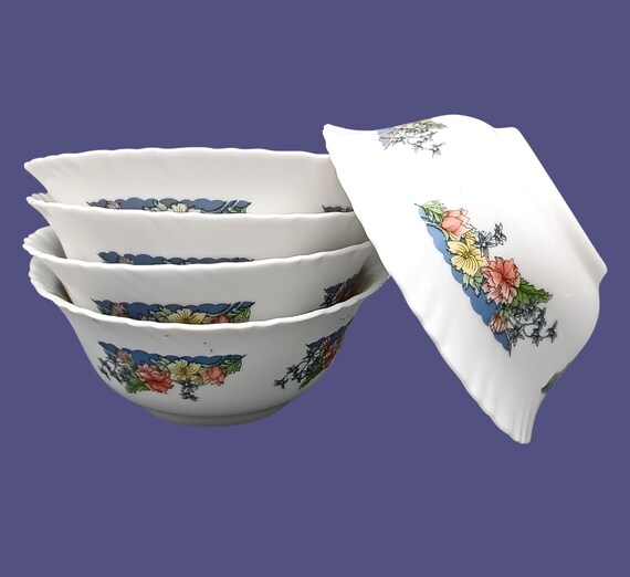 5 Arcopal France Dessert/Cereal Bowls, white opaline, FLORINE pattern, pink and blue flowers