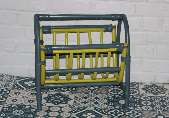 Large NEWSPAPER RACK in bamboo and rattan, revamped celery green and petrol blue magazine rack