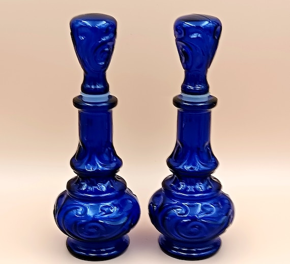 Pair of blue genie CARAFES with swirl pattern, Yves Rocher, vintage