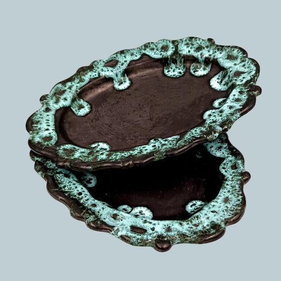2 ceramic RAVIERS Sars pottery Maine vintage black turquoise, small oval dishes