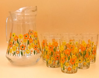 ORANGEADE SERVICE Vintage orange yellow flowers, 6 glasses and pitcher, France, JG Durand