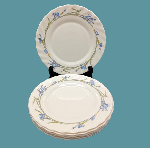 4 or 6 Arcopal France opaline flat plates, cream color with blue iris pattern, Diana pattern
