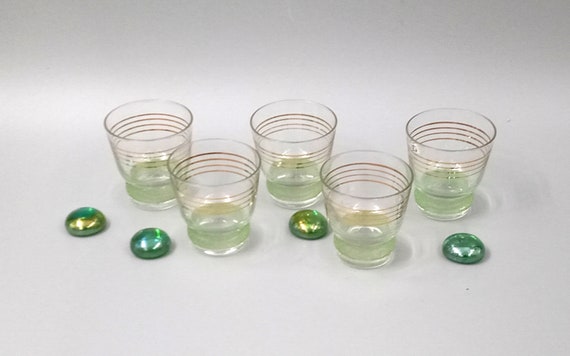 5 pretty green granite base liqueur GLASSES, vintage France 1950s