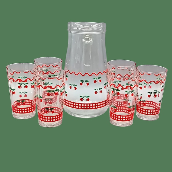 Vintage cherry ORANGEADE SET, 6 glasses and pitcher, France, VMC