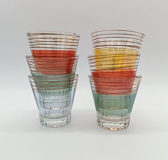 6 pretty multicolor GLASSES in vintage harlequin colored glass