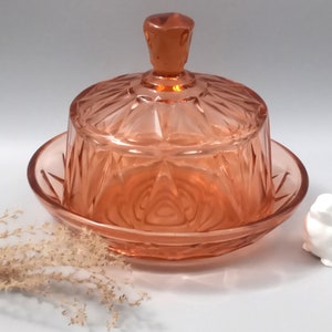 Pink glass dish with bell, vintage pressed glass dish, cake dish