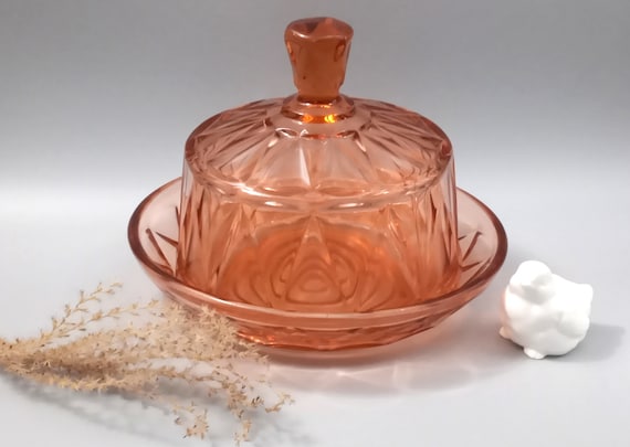 Pink glass dish with bell, vintage pressed glass dish, cake dish