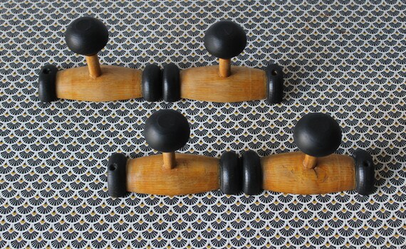 2 wooden wall-mounted COAT RACKS, art deco 1930 1940, black and natural makeover