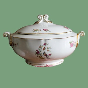 Vintage porcelain tureen with floral and bird of paradise motif, Céranord Regency model