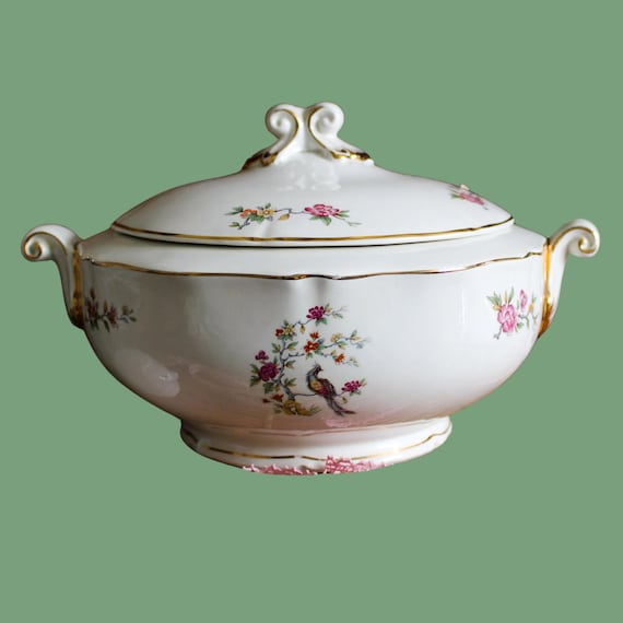 Vintage porcelain tureen with floral and bird of paradise motif, Céranord Regency model