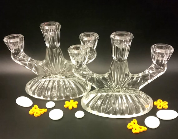 Duo of vintage transparent crystal CANDLESTICKS, antique candle holders
