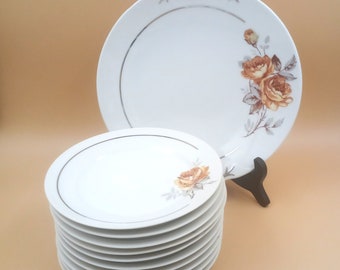 PLAT et 6 ASSIETTES dessert françaises vintage porcelaine, motif rose oranger